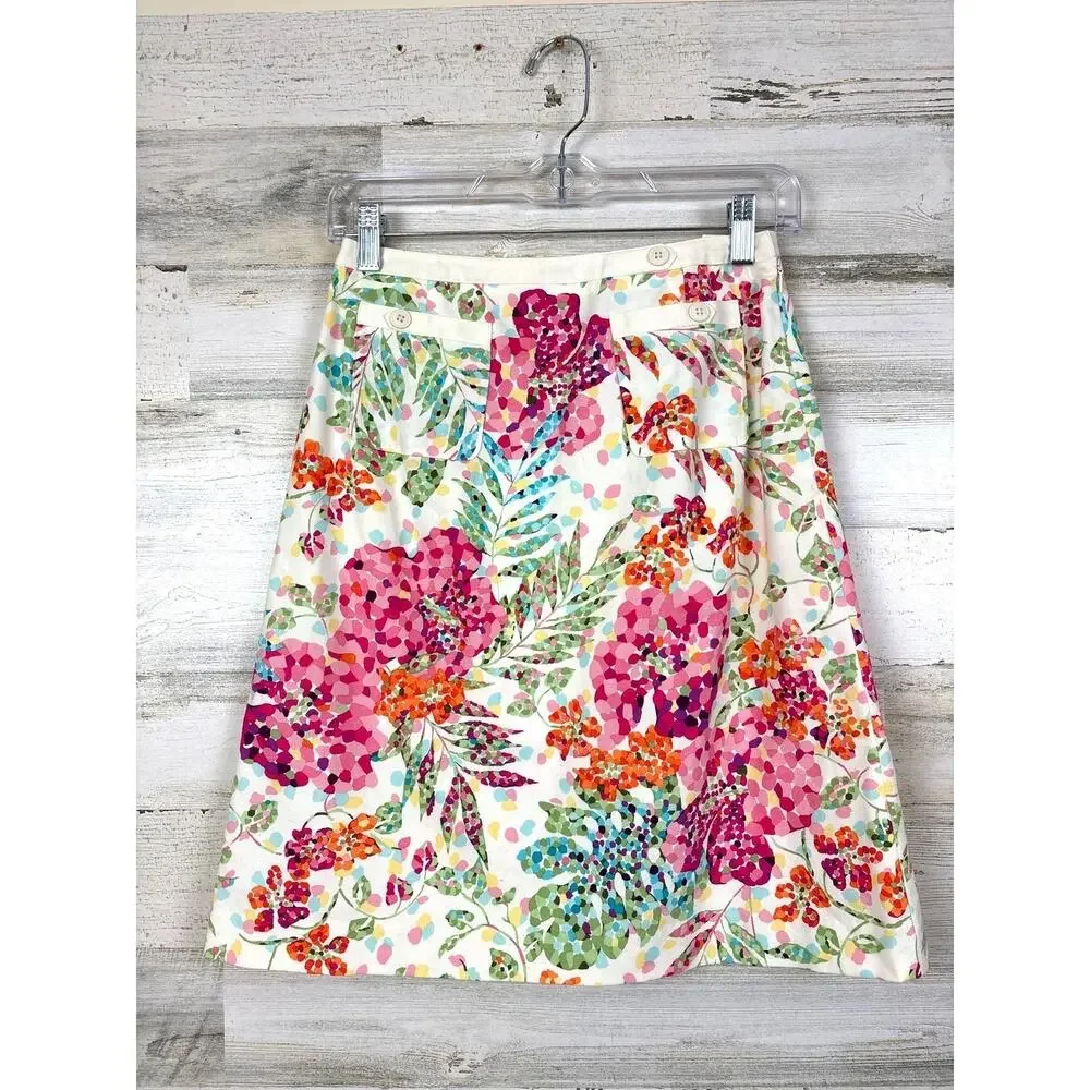 Talbots Womens 4 Petite White Pink Floral Pocket Tropical Stretch Mini Skirt NEW